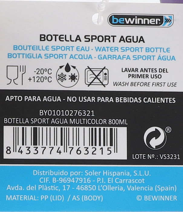 Bewinner Botella Sport Agua Multicolor 800Ml 21.1 cm alto x 9.3 cm ancho (12 Unidades)