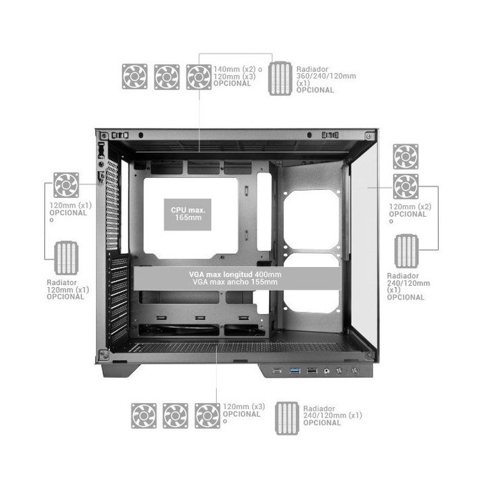 Mars Gaming Caja ATX Cube MCMIRAGE Negra con Pantalla LCD, Cristal Templado Panorámico, Refrigeración Líquida 360mm