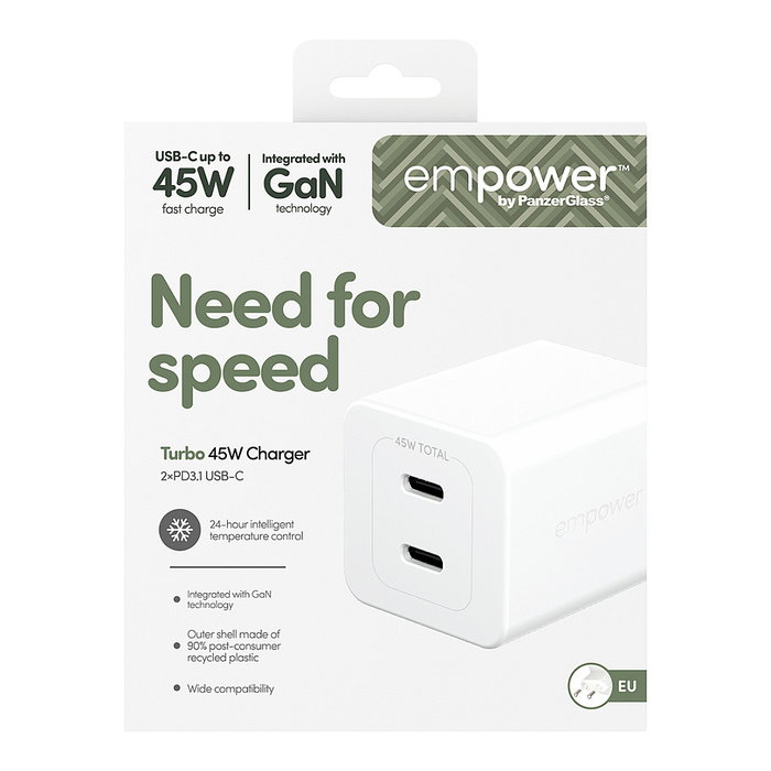 PanzerGlass empower GaN Turbo Charge Cargador Rápido 45W con 2 Puertos USB-C, Enchufe UE, Color Blanco Plata
