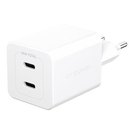 PanzerGlass empower GaN Turbo Charge Cargador Rápido 45W con 2 Puertos USB-C, Enchufe UE, Color Blanco Plata