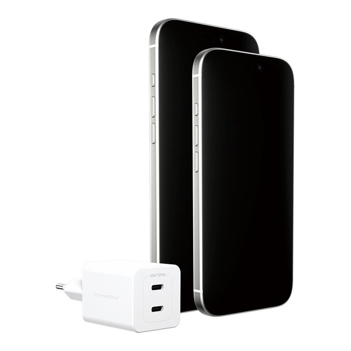 PanzerGlass empower GaN Turbo Charge Cargador Rápido 45W con 2 Puertos USB-C, Enchufe UE, Color Blanco Plata