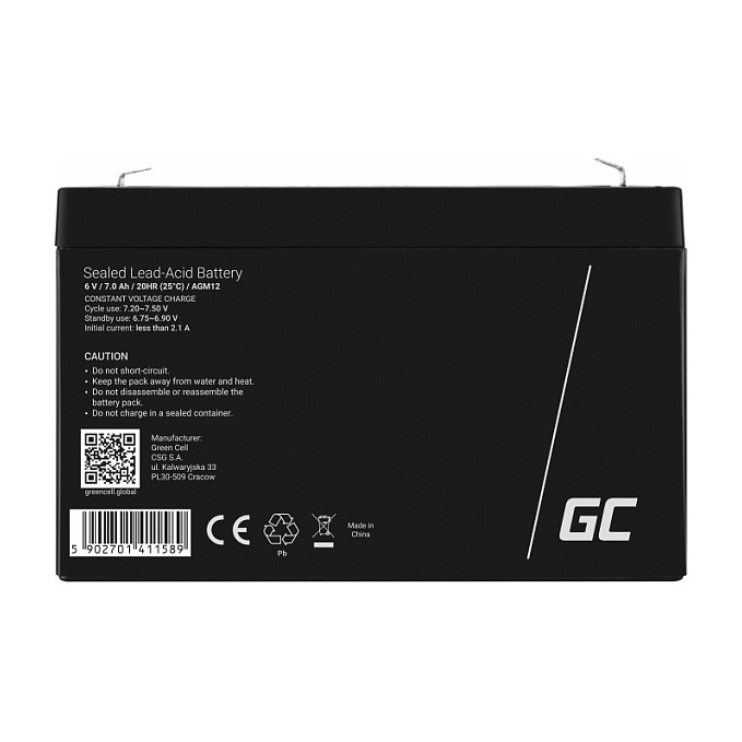 Green Cell Batería Sellada AGM 6V 7Ah 7000mAh VRLA Negro