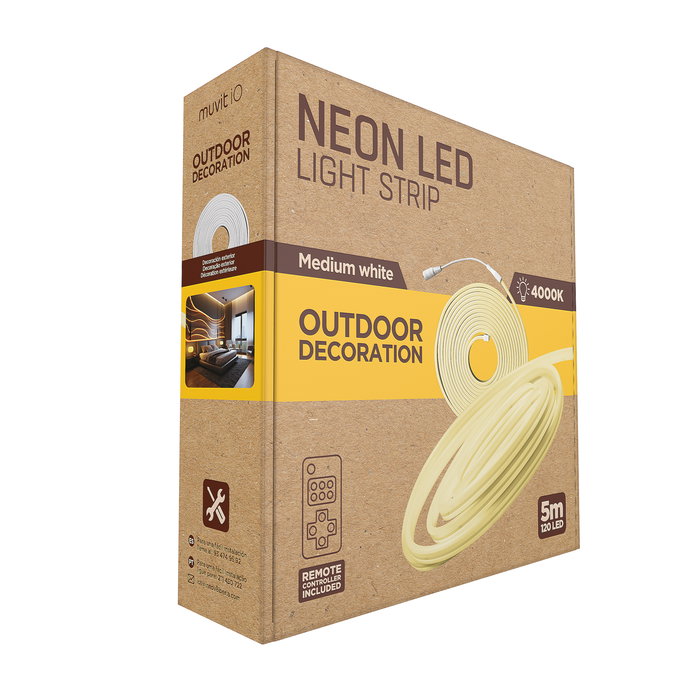 Muvit Io Neon Tira LED IP65 5m Blanco Medio 4000K 120 LEDs/m 2600lm DC 12V con Mando a Distancia