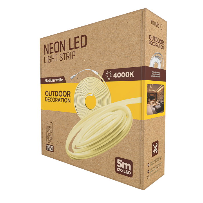 Muvit Io Neon Tira LED IP65 5m Blanco Medio 4000K 120 LEDs/m 2600lm DC 12V con Mando a Distancia