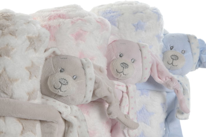 DKD Home Decor Peluche Manta Rosa Azul Poliester 100x80x75 cm Set 2