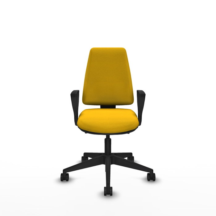 Silla de oficina Elche con mecanismo Asincro tapizada con Tela color Amarillo. Equipada con Base piramidal negra, Brazos fijos y Ruedas 65mm nailon Silla de oficina Elche con mecanismo Asincro tapizada con Tela color Amarillo. Equipada con Base piramidal negra, Brazos fijos y Ruedas 65mm nailon