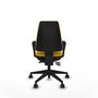 Silla de oficina Elche con mecanismo Asincro tapizada con Tela color Amarillo. Equipada con Base piramidal negra, Brazos fijos y Ruedas 65mm nailon