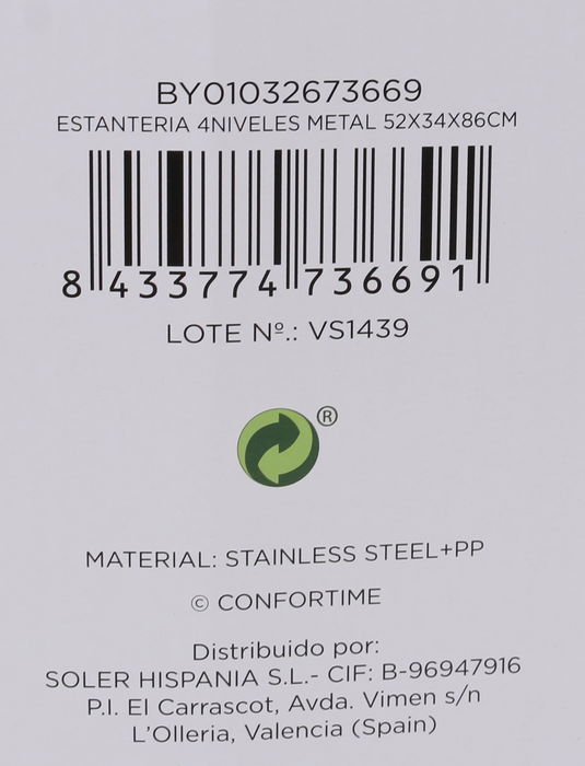 Confortime Estantería 4 Niveles Metal 52 cm x 34 cm x 86 cm (2 Unidades)