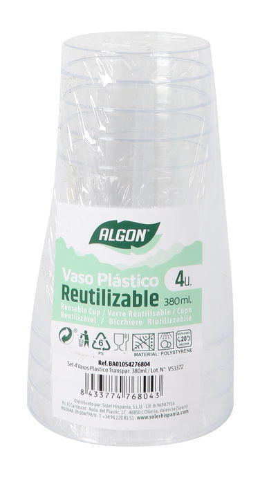 Algon Set 4 Vasos Plástico Transparente 380 ml - Alto 11 cm, Ancho 8 cm (24 Unidades)