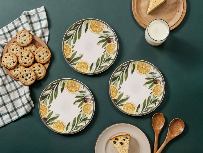 Hermia Platos de Postre Lemon Leaf Amarillo, Blanco y Verde Porcelana Juego de 6 19.3 cm