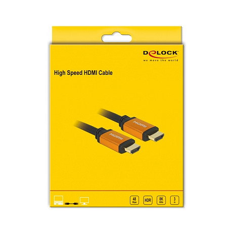 DeLOCK Cable HDMI 48Gbps High Speed 3m - 8K 60Hz 4K 240Hz HDR, Conectores HDMI Tipo A (Estándar) Macho Chapados en Oro, Negro/Amarillo