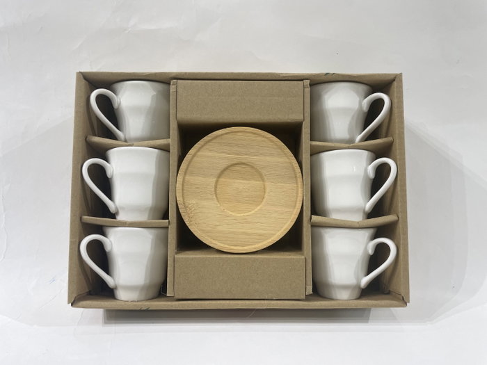 DKD Home Decor Set de Café de 6 Piezas de Porcelana con Bambú, Blanco