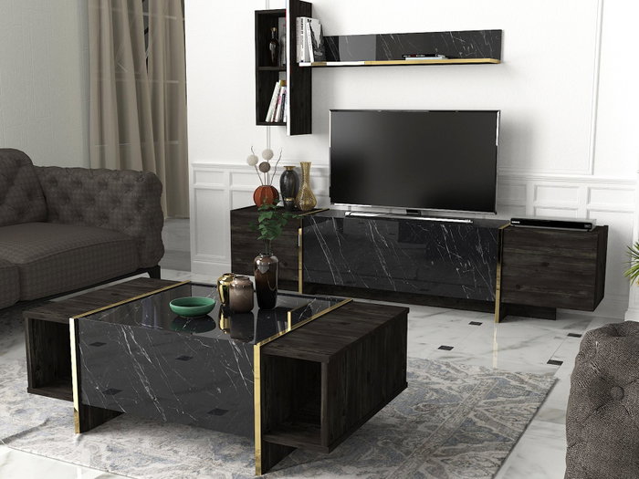 Hanah Home Veyron Set 1 Conjunto de Muebles de Salón, Tablero de Partículas Recubierto de Melamina, Negro y Dorado, 148 Caracteres