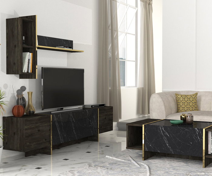Hanah Home Veyron Set 1 Conjunto de Muebles de Salón, Tablero de Partículas Recubierto de Melamina, Negro y Dorado, 148 Caracteres