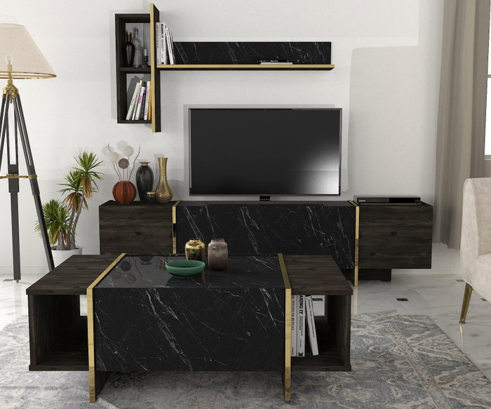 Hanah Home Veyron Set 1 Conjunto de Muebles de Salón, Tablero de Partículas Recubierto de Melamina, Negro y Dorado, 148 Caracteres