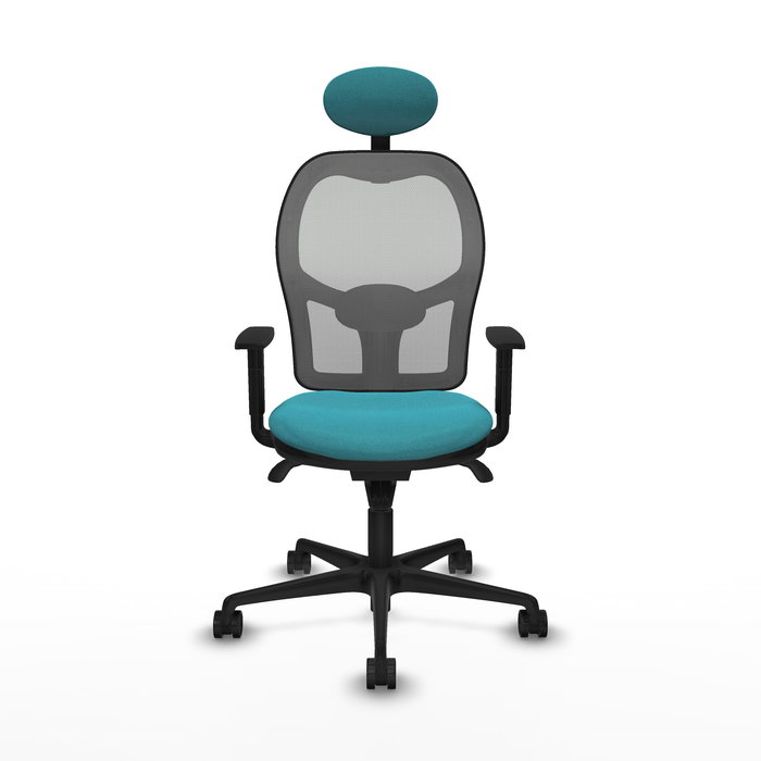 Silla de oficina Jorquera con mecanismo Sincro tapizada con Tela color Turquesa y malla color Gris. Equipada con lumbar 1D, Brazos 1D, Cabecero Fijo y Ruedas 65mm nailon