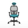 Silla de oficina Jorquera con mecanismo Sincro tapizada con Tela color Turquesa y malla color Gris. Equipada con lumbar 1D, Brazos 1D, Cabecero Fijo y Ruedas 65mm nailon