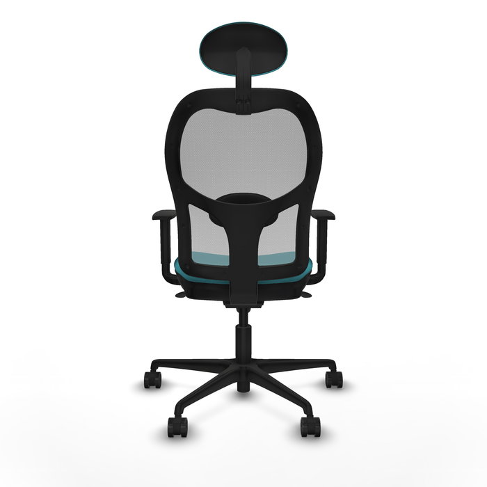 Silla de oficina Jorquera con mecanismo Sincro tapizada con Tela color Turquesa y malla color Gris. Equipada con lumbar 1D, Brazos 1D, Cabecero Fijo y Ruedas 65mm nailon