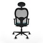 Silla de oficina Jorquera con mecanismo Sincro tapizada con Tela color Turquesa y malla color Gris. Equipada con lumbar 1D, Brazos 1D, Cabecero Fijo y Ruedas 65mm nailon