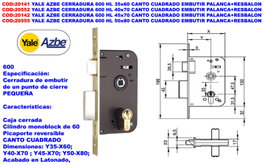 Yale Azbe 600 HL Cerradura de Embutir 35x60 mm con Palanca y Resbalón