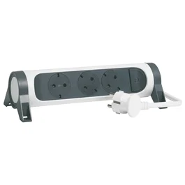 LEGRAND Base Múltiple Fija y Giratoria de 3 Tomas Rasantes con Protección Contra Sobretensiones Cable 1,5M Blanco y Gris Oscuro