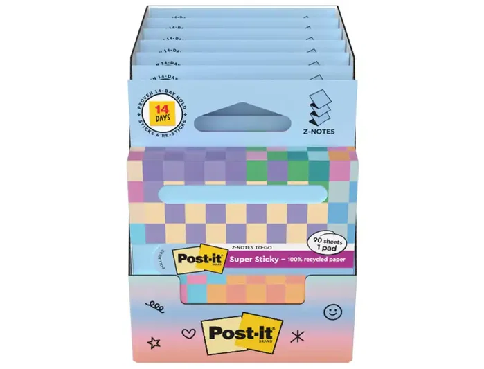 Post-it Bloc de notas adhesivas quita y pon super sticky 100% pefc 76x76 mm dispensador 90 hojas azul