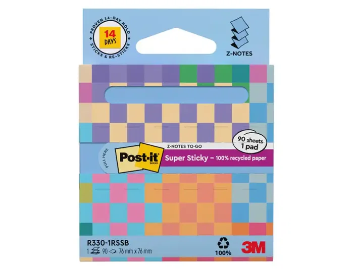Post-it Bloc de notas adhesivas quita y pon super sticky 100% pefc 76x76 mm dispensador 90 hojas azul