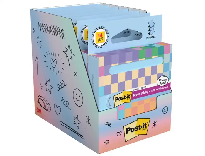 Post-it Bloc de notas adhesivas quita y pon super sticky 100% pefc 76x76 mm dispensador 90 hojas azul