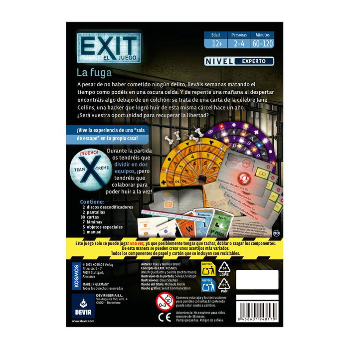 Devir EXIT: La Fuga - Juego de Mesa Escape Room Cooperativo para 1-4 Jugadores, Dificultad Media, 60 Minutos, Edad +10, Español