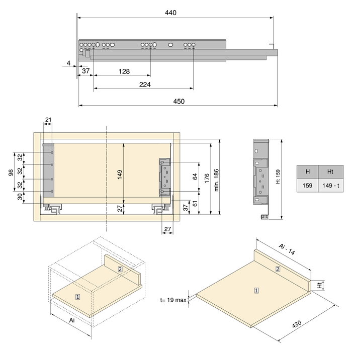 Emuca Cajón exterior Simplex 25kg de altura 159mm, profundidad 440mm, Acero, Gris antracita