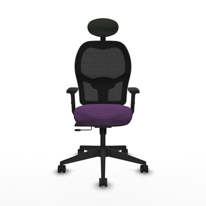 Silla de oficina Alocén con mecanismo Sincro/Traslack tapizada con Tela color Morado y malla color Negro. Equipada con lumbar 1D, Brazos 2D, Cabecero Fijo y Ruedas 65mm nailon
