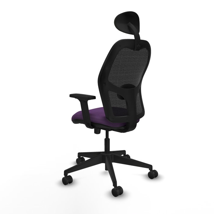 Silla de oficina Alocén con mecanismo Sincro/Traslack tapizada con Tela color Morado y malla color Negro. Equipada con lumbar 1D, Brazos 2D, Cabecero Fijo y Ruedas 65mm nailon