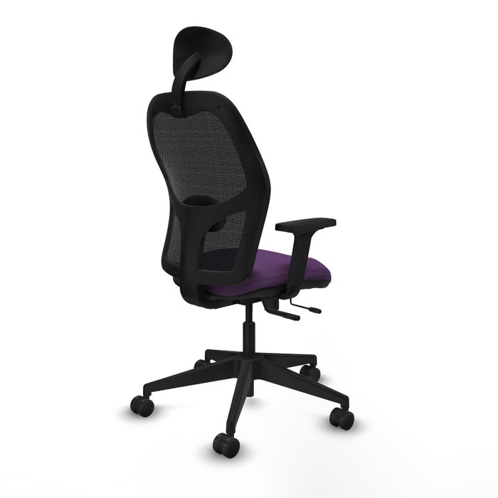 Silla de oficina Alocén con mecanismo Sincro/Traslack tapizada con Tela color Morado y malla color Negro. Equipada con lumbar 1D, Brazos 2D, Cabecero Fijo y Ruedas 65mm nailon