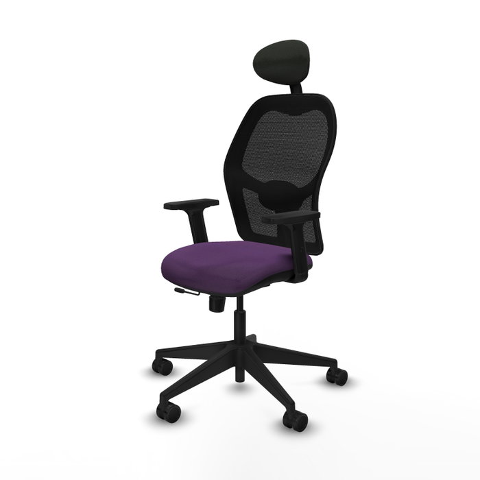 Silla de oficina Alocén con mecanismo Sincro/Traslack tapizada con Tela color Morado y malla color Negro. Equipada con lumbar 1D, Brazos 2D, Cabecero Fijo y Ruedas 65mm nailon