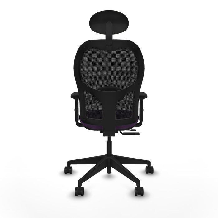 Silla de oficina Alocén con mecanismo Sincro/Traslack tapizada con Tela color Morado y malla color Negro. Equipada con lumbar 1D, Brazos 2D, Cabecero Fijo y Ruedas 65mm nailon