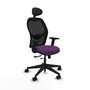 Silla de oficina Alocén con mecanismo Sincro/Traslack tapizada con Tela color Morado y malla color Negro. Equipada con lumbar 1D, Brazos 2D, Cabecero Fijo y Ruedas 65mm nailon