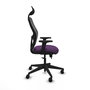 Silla de oficina Alocén con mecanismo Sincro/Traslack tapizada con Tela color Morado y malla color Negro. Equipada con lumbar 1D, Brazos 2D, Cabecero Fijo y Ruedas 65mm nailon