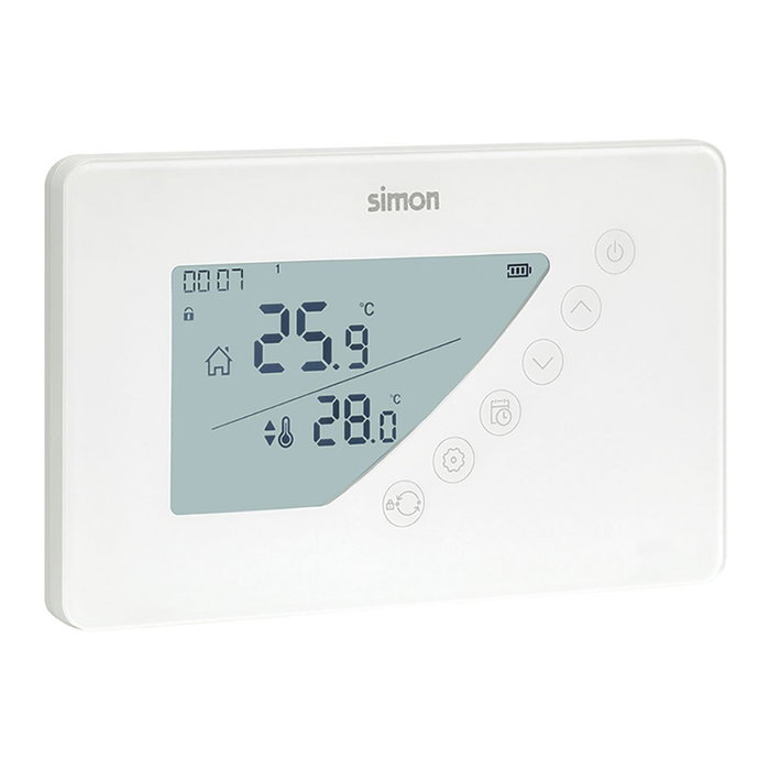 Simon Termostato digital programable semanal Blanco 160 x 18 x 100 mm Pantalla LCD retroiluminada Botones táctiles Simon Termostato digital programable semanal Blanco 160 x 18 x 100 mm Pantalla LCD retroiluminada Botones táctiles