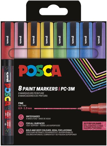 Uni-Ball Posca PC-3M Estuche de 8 Marcadores de Pintura Surtidos Purpurina