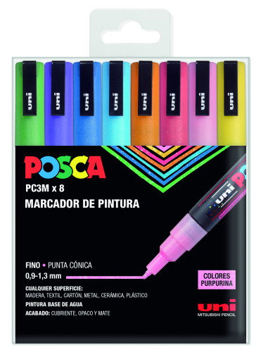 Uni-Ball Posca PC-3M Estuche de 8 Marcadores de Pintura Surtidos Purpurina