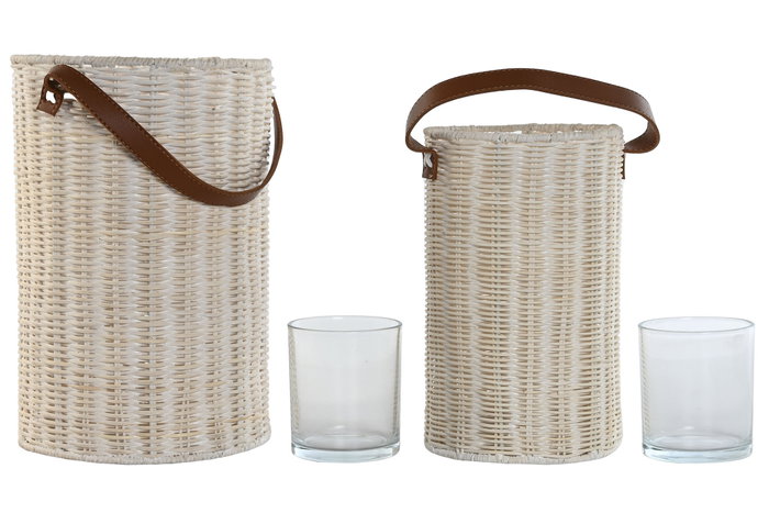 DKD Home Decor Set de 2 Portavelas de Ratán y Cristal con Asa