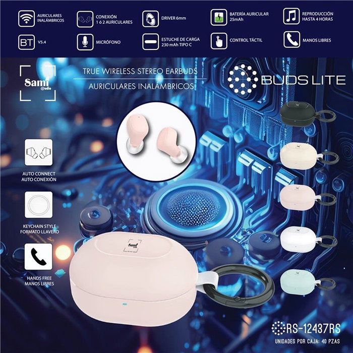SAMI BUDS LITE TWS Auriculares Inalámbricos Rosa con Mini Llavero y Batería 25mAh