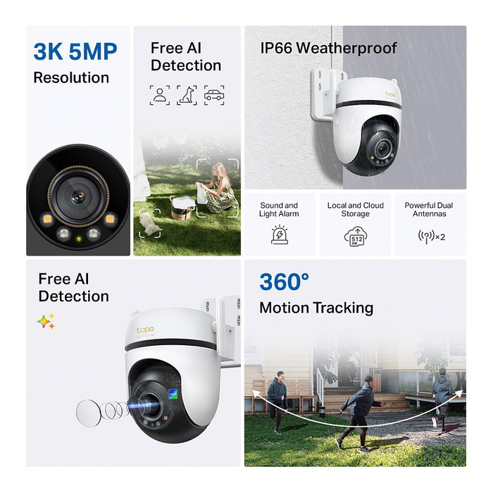 TP-Link Tapo C530WS Cámara Seguridad IP Exterior WiFi 5MP 360° Visión Nocturna Panorámica 3.2mm 12x Zoom MicroSD 512GB IP66 Blanco