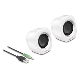 DeLOCK 27008 Altavoces PC Estéreo Mini 2.0, 2W, Blanco/Plata, USB y Conector 3.5 mm, Plug and Play, Para Escritorio