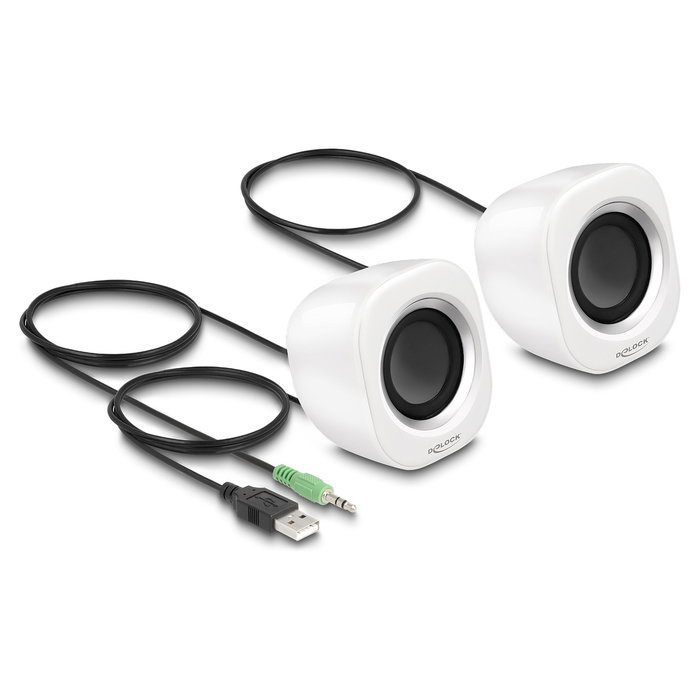 DeLOCK 27008 Altavoces PC Estéreo Mini 2.0, 2W, Blanco/Plata, USB y Conector 3.5 mm, Plug and Play, Para Escritorio