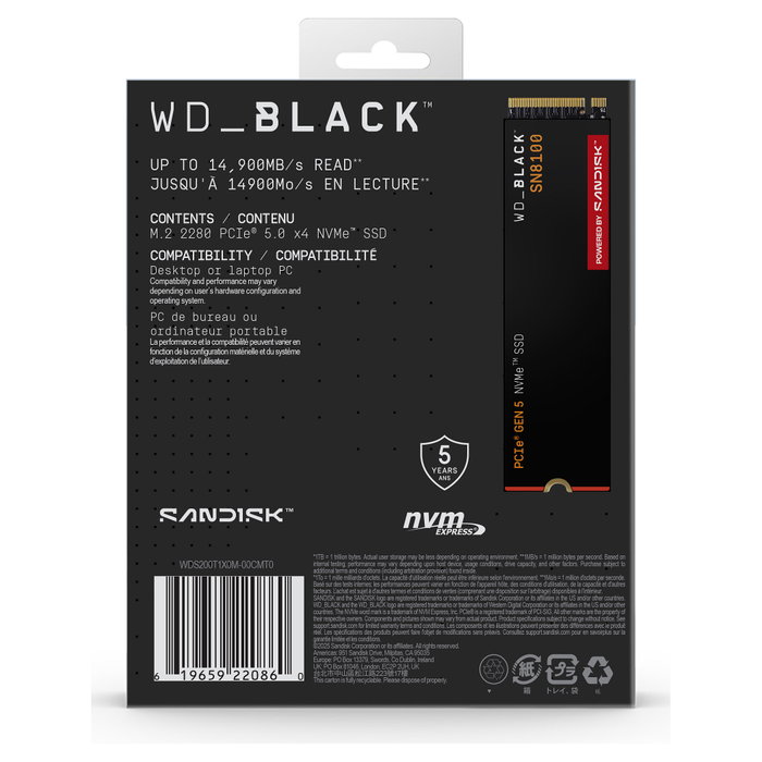 Western Digital WD_BLACK SN8100 SSD NVMe M.2 2TB PCIe 5.0 x4, 14900 MB/s, para PC/portátil