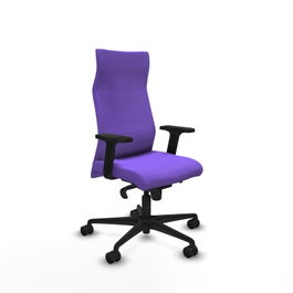 Sillón Albacete con mecanismo Sincro tapizada con Tela color Lila. Equipado con Base nailon negra, Brazos 2D y Ruedas 65mm nailon