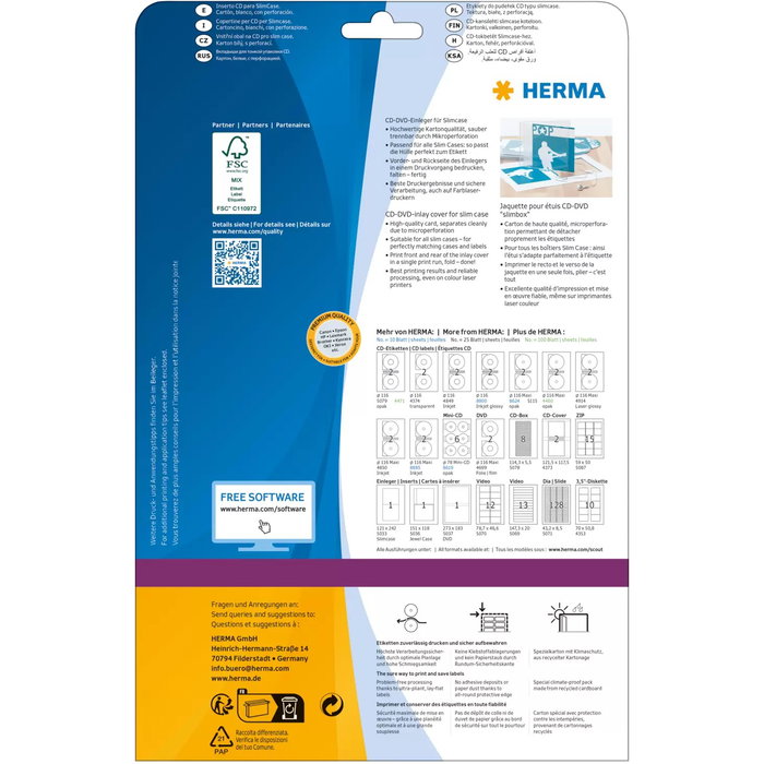 HERMA 5033 CD-Einleger A4 121x242 mm, no adhesiva, cartón, para impresoras láser/inyección, 25 unidades