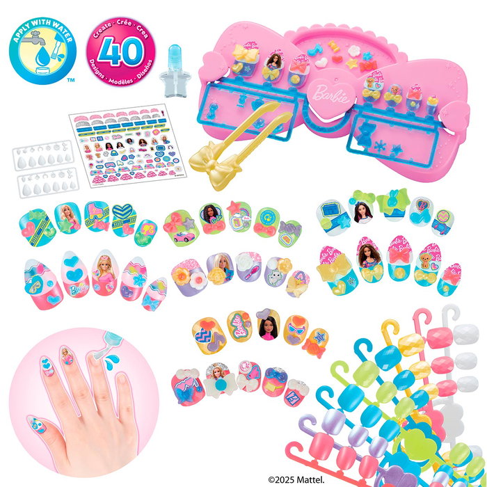 Aquabeads Barbie Kit Diseña Tus Uñas 35137 - Set Decoración de Uñas con 40 Uñas, Extensiones, Mesa, Pinzas, Aplicador, Pegatinas e Instrucciones, Reutilizable, Edad +4 Años