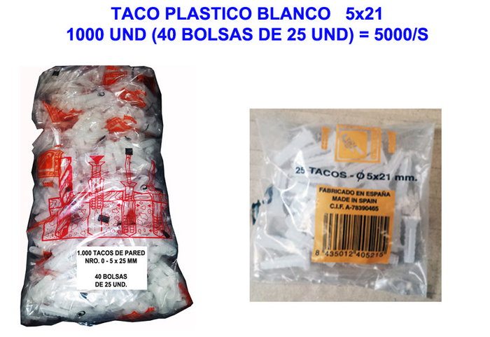 Taco Plástico Blanco 5x21 mm 1000 Unidades Taco Plástico Blanco 5x21 mm 1000 Unidades